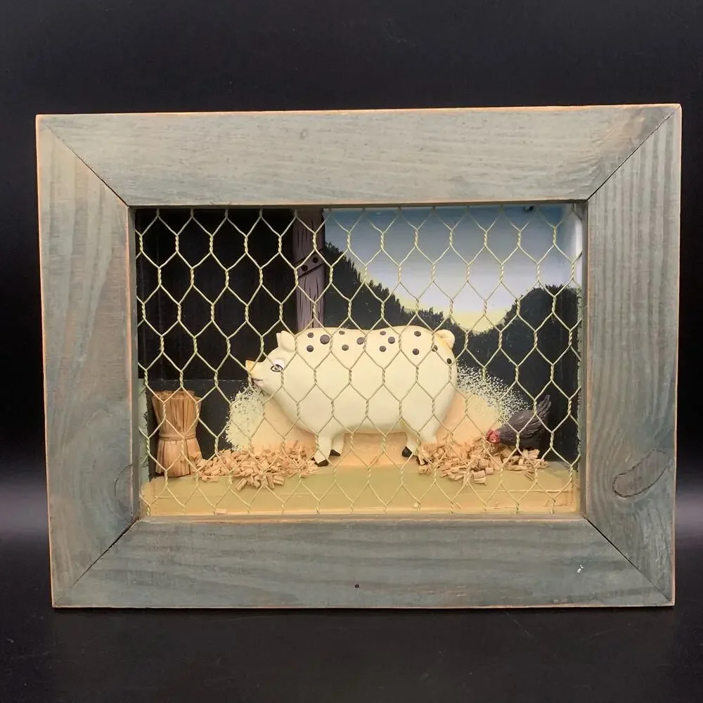 Vintage Pig & Chicken Folk Art Shadow Box Wall Hanging